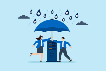 Flat illustration of two people installing umbrella shield over server to block malware rain and protect with cybersecurity protocols