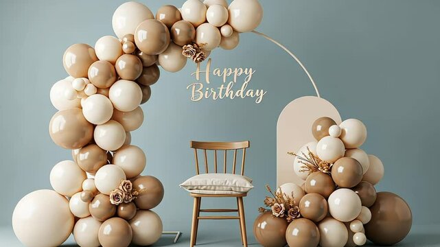 Happy Birthday celebration with balloon arch and chair against blue wall