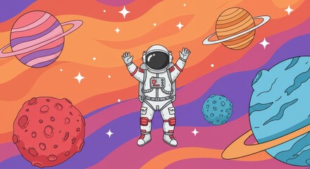 Astronaut in white and red suit standing triumphantly with arms raised in space with four colorful planets