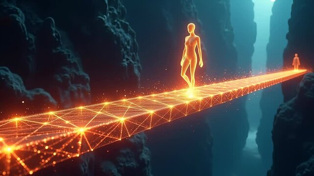 Glowing figure walking on digital bridge in cave