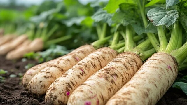 Fresh Radishes Harvest: A close-up view showcases a row of freshly harvested radishes, their crisp white roots and vibrant green tops contrasting against the fertile soil.