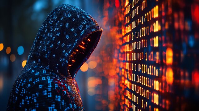 A mysterious darkened figure of a man with neon binary
