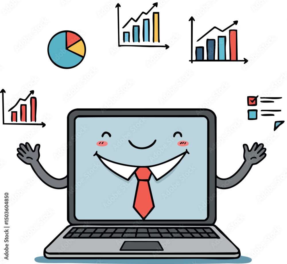 Poster laptop character with smiling face and tie surrounded by colorful charts and graphs vector illustrat