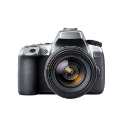 A close up studio shot of a modern digital single lens reflex camera on a transparent background