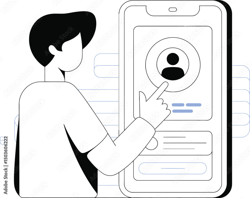 Poster user interacting with mobile phone application representing personal profile or contact information
