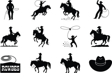 Naklejka premium Silhouette cowboys on horses in action with lasso and cowboy hat design elements