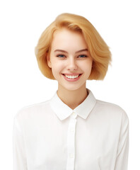 Young woman with short blonde hair in white collared shirt, isolated on transparent background