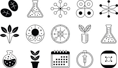 Minimalist vector icons depicting scientific research and natural plant based experiments