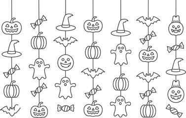 Black and white hanging halloween decorations featuring pumpkins bats candy ghosts witch hats