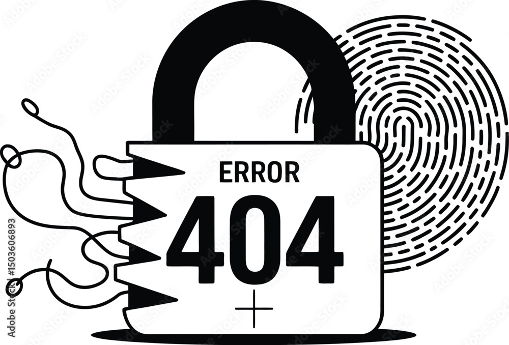 Poster conceptual illustration of a padlock showing error 404 symbolizing security and digital failure