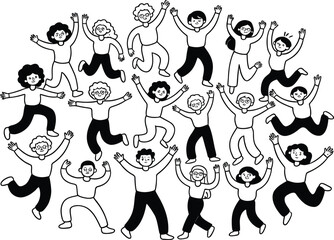 Illustration of a diverse group of people jumping and celebrating in black and white
