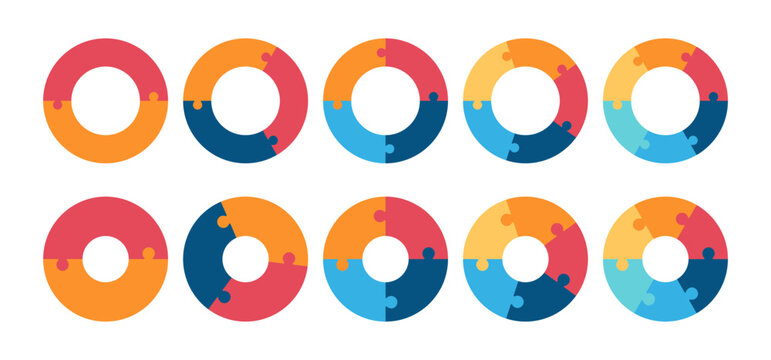 Colorful puzzle circle stages. Diagram infographic set. Circle vector 2, 3, 4, 5, 6, parts. Process and segmented concept	