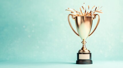 Gold trophy with celebration, award, and blue.