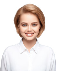 Young woman with short light brown hair in white collared shirt, transparent background