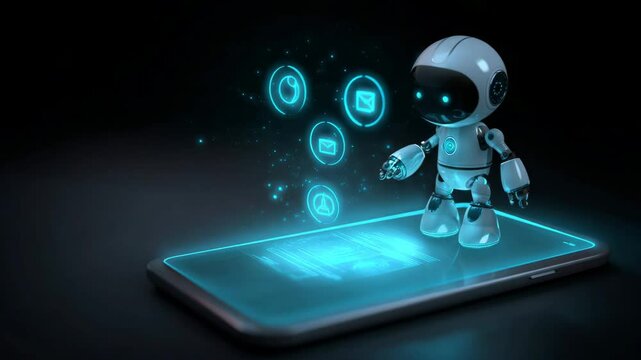 Cute humanoid robot with glowing icons hovers above a digital smartphone surface in a dark environment, interacting with floating UI elements