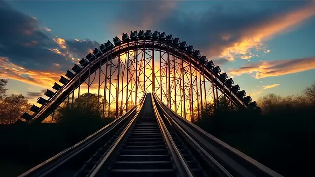 Roller coaster ascending steep track against vibrant sunset sky with clouds in background