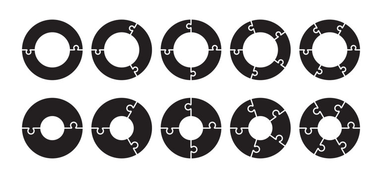Black puzzle circle stages. Diagram infographic set. Circle vector 2, 3, 4, 5, 6, parts. Process and segmented concept	