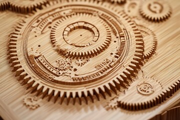 Fototapeta premium Intricate Wooden Gears A Detailed Mechanical Layout of Interlocking Cogs