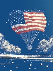 american flag flying in the sky, usa flag and hot air balloon