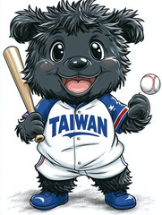 a cartoon version of a Formosan black bear with Taiwan sport team, simple lines, resembling a baseball team mascot. The bear has a round, chubby body and a cute, smiling expression. 