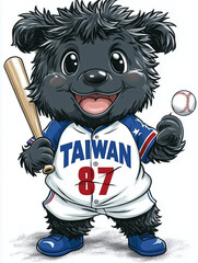 a cartoon version of a Formosan black bear with Taiwan sport team, simple lines, resembling a baseball team mascot. The bear has a round, chubby body and a cute, smiling expression. 