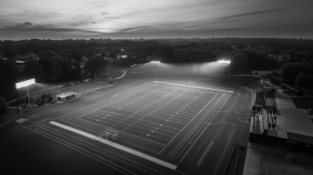 Aerial view of a dimly lit soccer field at dusk in black and white - Powered by Adobe