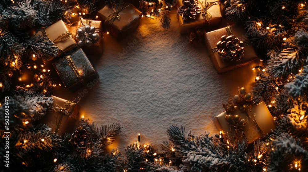 Aufkleber christmas lights frame with presents creating a clean composition and ample copy space