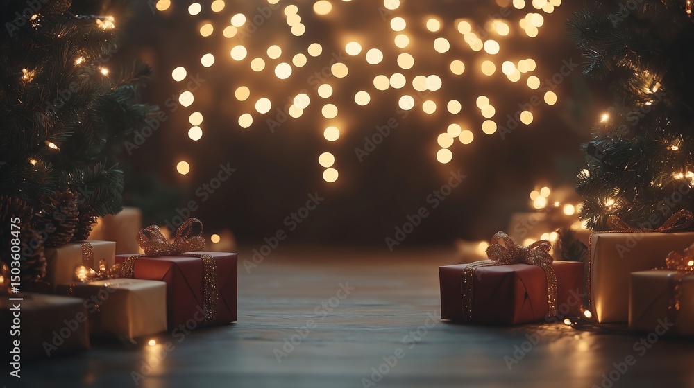 Poster christmas lights frame with presents creating a clean composition and ample copy space