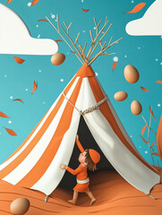 circus tent cartoon, dragon boat festival, standing egg 