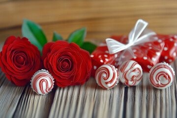 red rose on wooden background, red and white beads, rose candy, gift valantines, wedding gift, love, women care