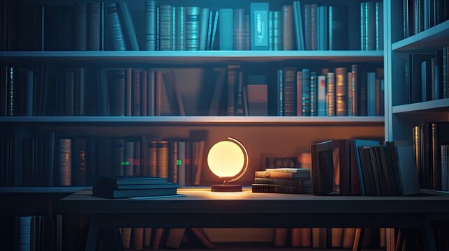Bookshelves filled with old books in a dimly lit study.