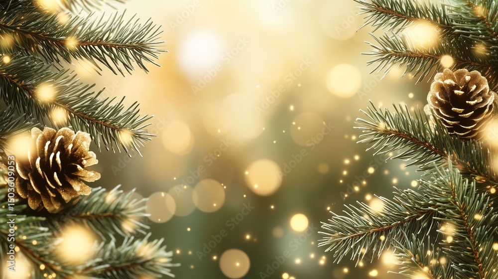 Poster golden confetti border with fir branches and bokeh lights, vector frame simplicity for festive holid