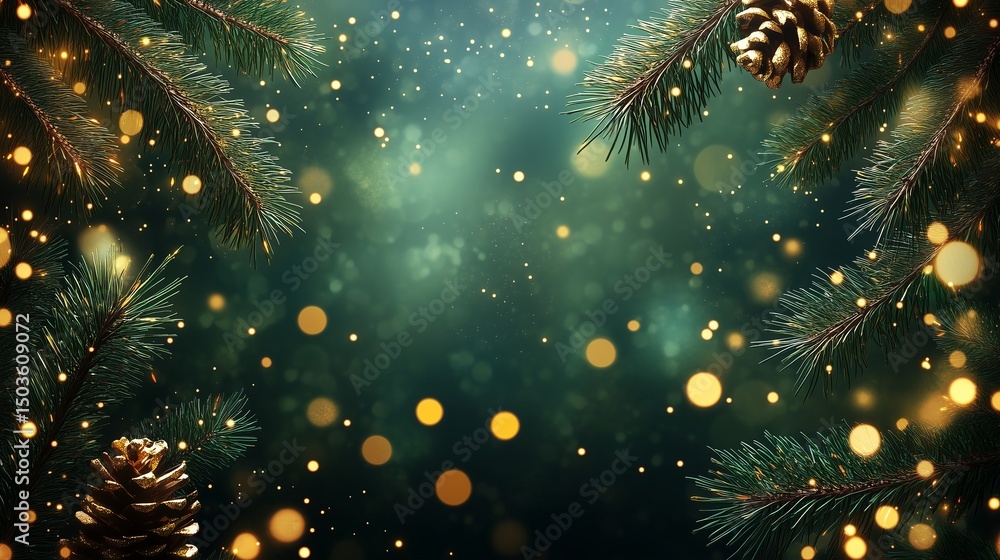 Poster golden confetti border with fir branches and bokeh lights, vector frame simplicity for festive holid