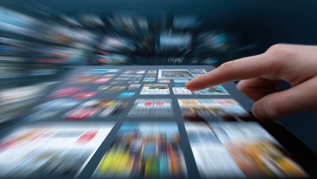 Hand touching tablet with blurred media content