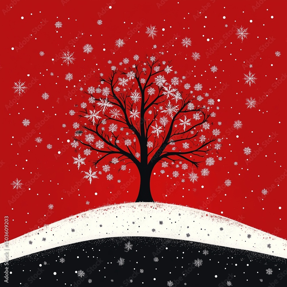 Poster line art snowflake cards with modern red backdrop, balanced tree and frame elements for contemporary