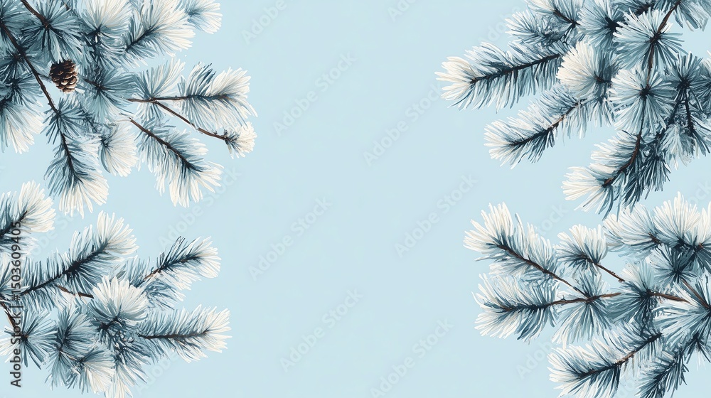 Poster minimal vector christmas frame with tree branches on blue background, clean and simple design