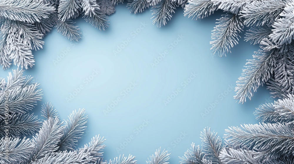 Poster minimal vector christmas frame with tree branches on blue background, clean and simple design