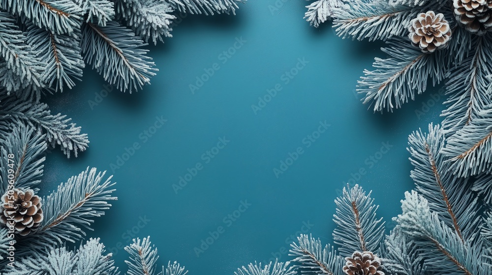 Aufkleber minimal vector christmas frame with tree branches on blue background, clean and simple design