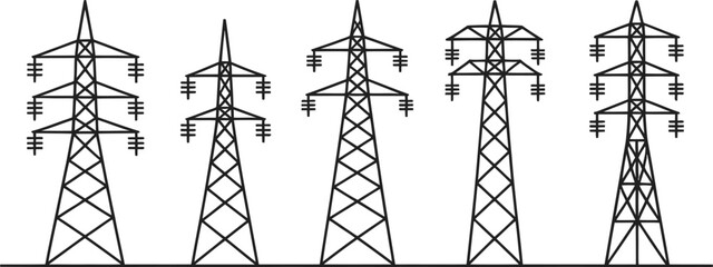 Minimalist vector illustration of electric power pylons in various simple detailed designs