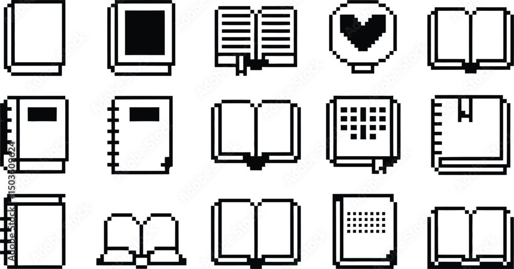 Poster collection of pixelated book icons depicting educational resources and information in vector format