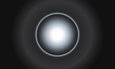 Black circles and white light. Abstract illustration geometric pattern in the form of a glowing lamp on a black background