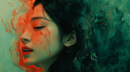 Serene woman with eyes closed; dark, flowing hair. Red and green abstract brushstrokes surround her face