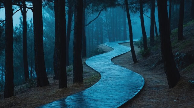 A winding path through a misty forest on a rainy day.