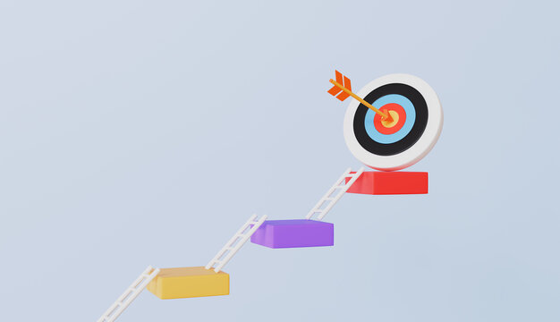 Step by step growth, Ambition or target setting, Small steps to success, Business goals, Bar graph with ladders reaching the archery target