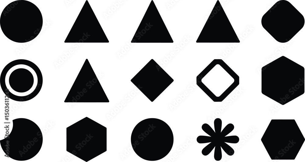Poster diverse collection of black geometric shapes featuring circles triangles squares and other unique fo