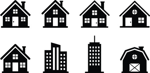 Fototapeta premium Black and white graphic set of various home buildings architecture icons for design projects