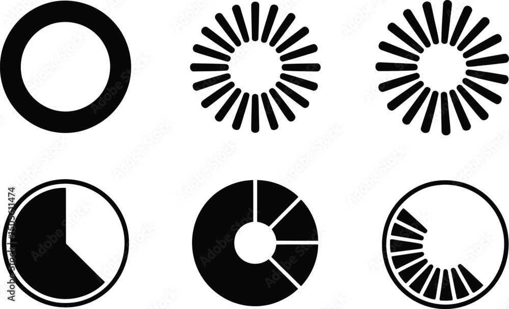 Poster collection of black and white circular icons representing progress, loading, or data visualization