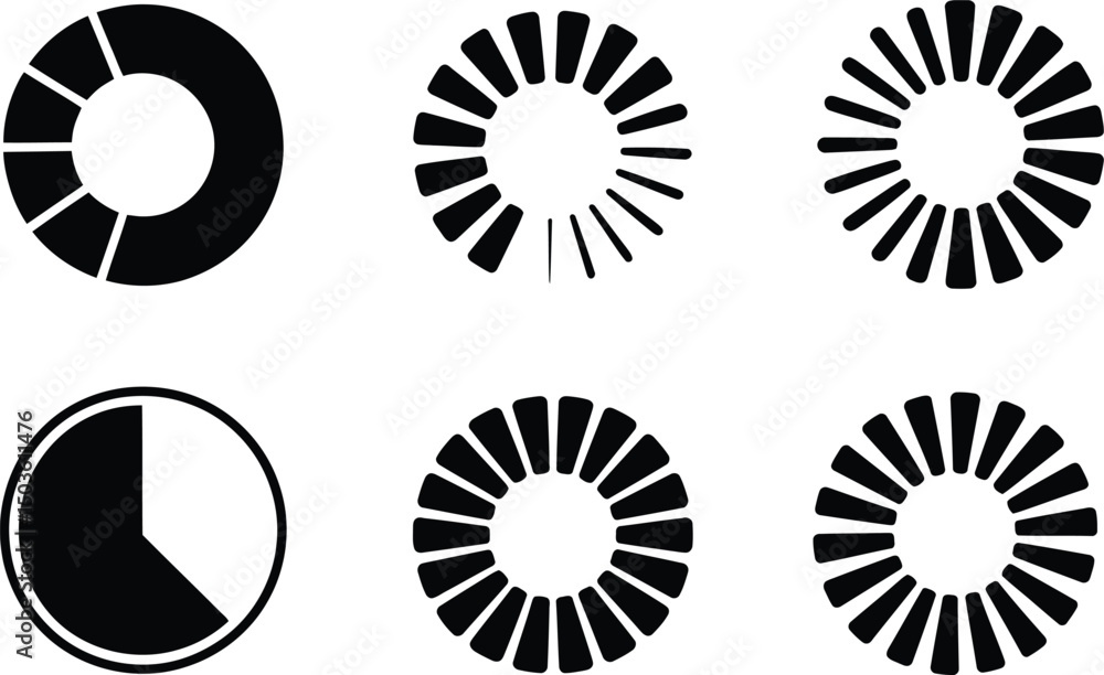 Poster collection of stylized circular charts and progress indicators illustrating different stages or phas