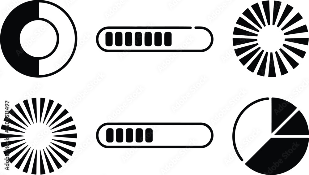 Poster set of monochrome data visualization icons displaying progress loading and chart percentage represen