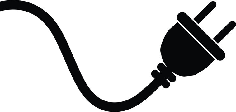 Black and white illustration of a power plug and electrical cord isolated on white background